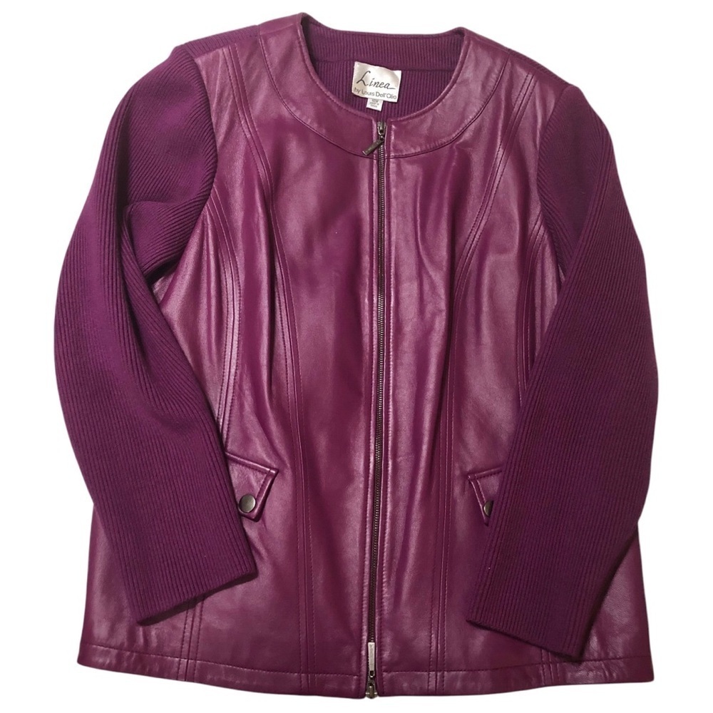 Linea by Louis Dell'Olio Lamb Leather Jacket Sweater Sleeves & Back Plum/Wine 18 - Picture 4 of 12